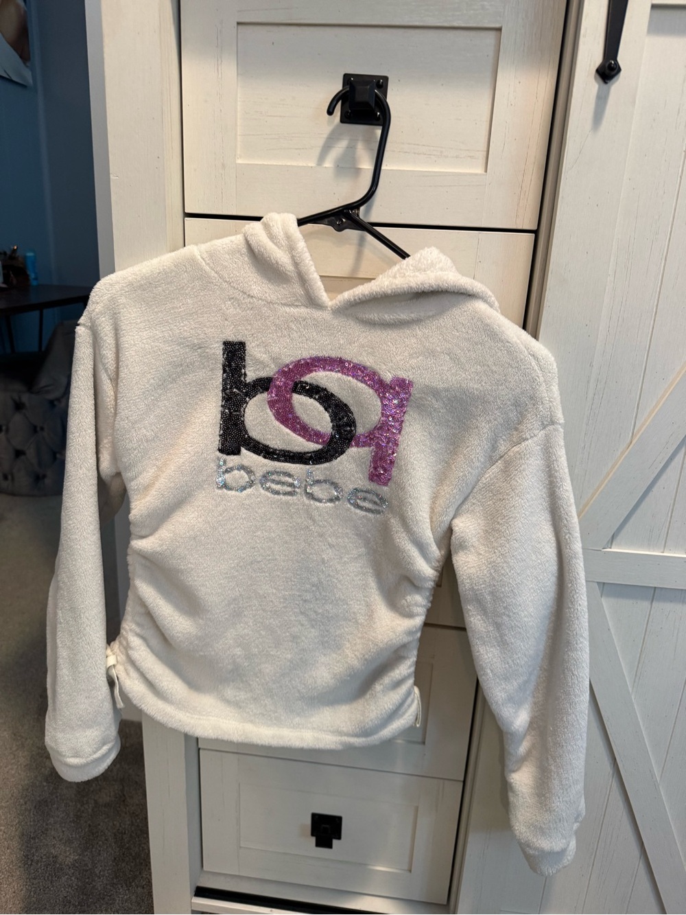 bebe White Hooded Pullover with Sequin Logo Accent